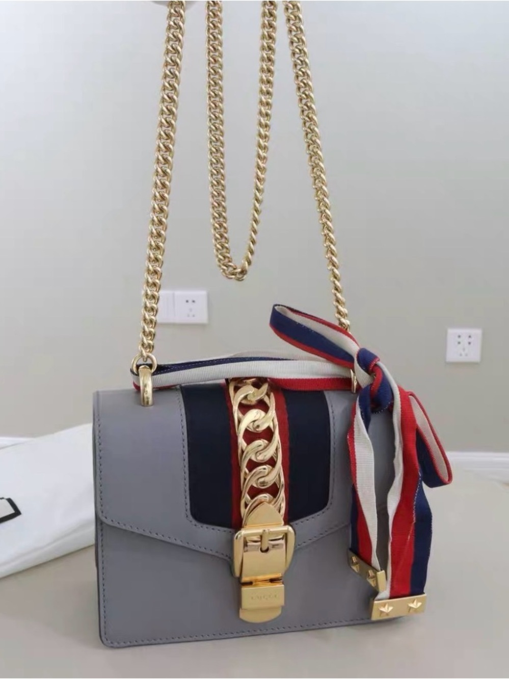 Gucci Gray Leather Crossbody with Gold Chain and Red-Blue Ribbon